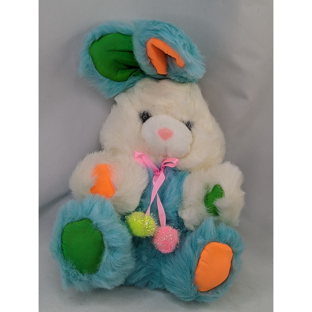 White Teal Rabbit Plush Bunny 12 Inch Dandee Intl Nylon Ears Stuffed Animal Toy